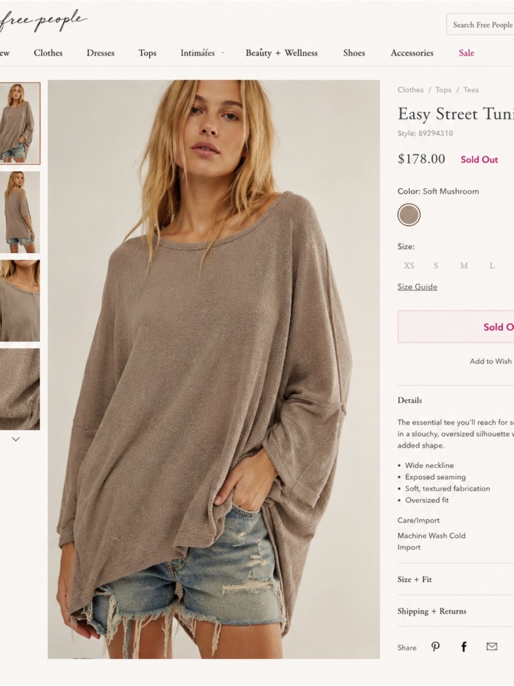 Free People Oversized Easy Street Tunic Sweater in Soft Mushroom Taupe